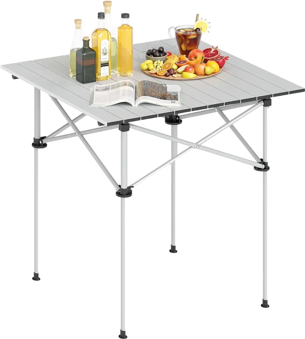 Folding roll-up camping table in silver, showcasing a lightweight design and sturdy legs, perfect for outdoor.