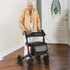 Folding rollator walker for seniors in red, featuring a seat, ergonomic grips, and large anti-vibration tires for all.