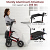 Folding rollator walker in red with comfy backrest, wide seat, and sturdy aluminum structure for seniors.