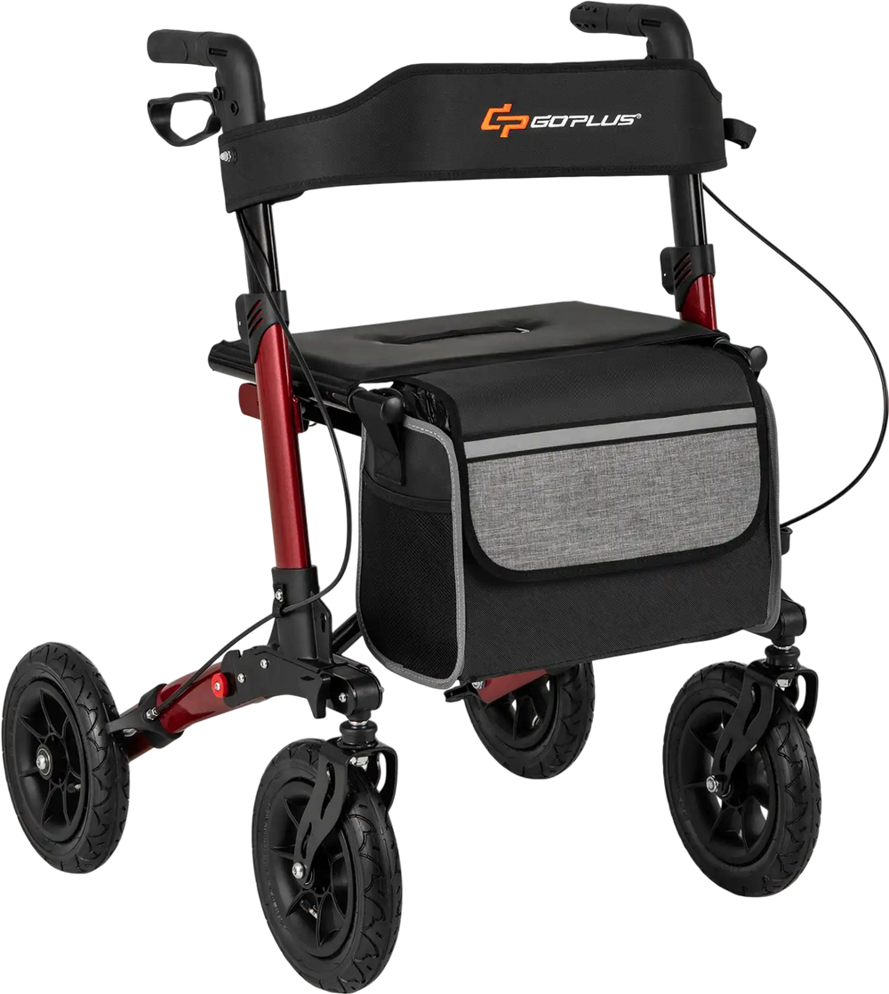 Folding rollator walker for seniors in red with seat, ergonomic grips, large storage bag, and all-terrain wheels.