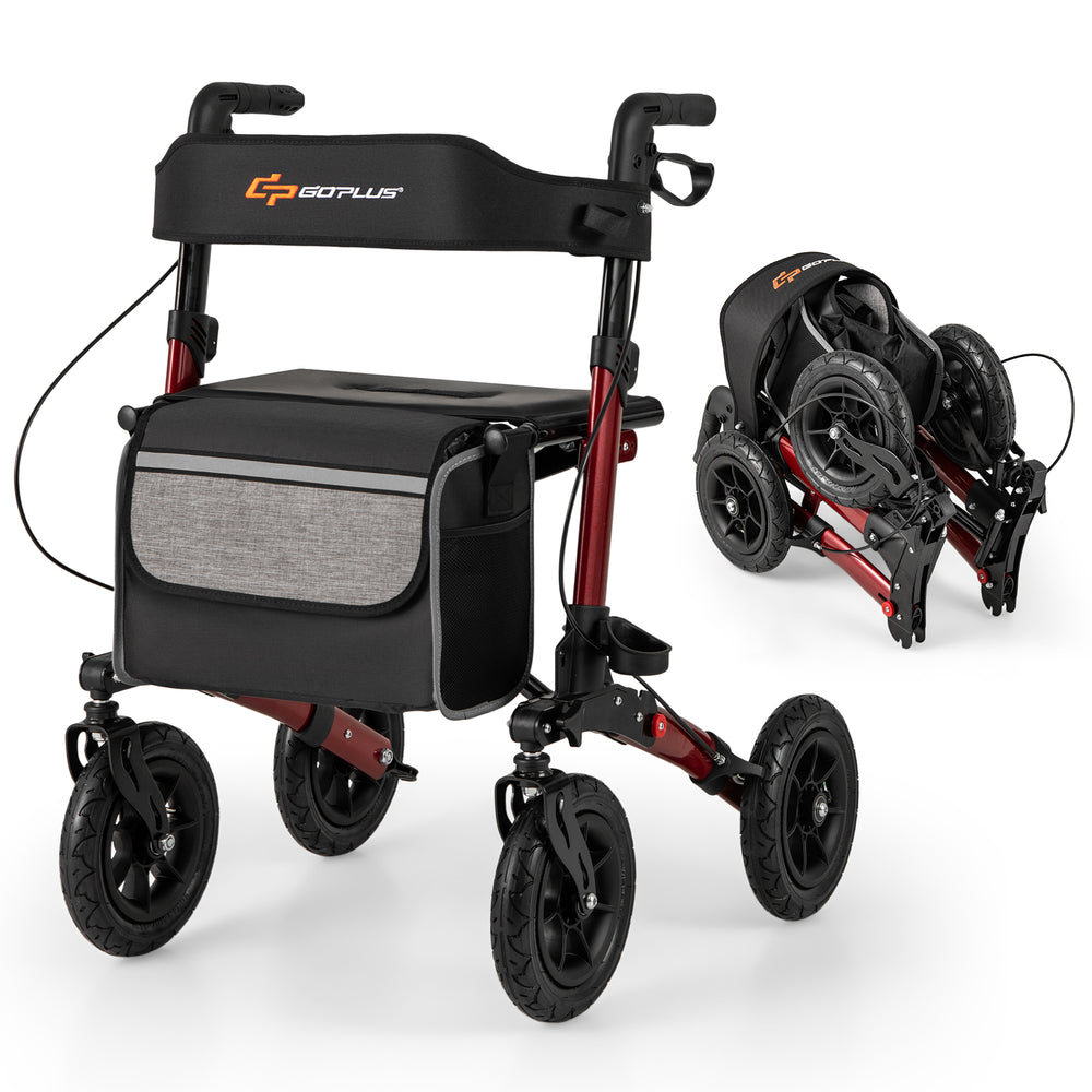 Folding rollator walker for seniors in red with a seat, featuring large pneumatic tires and a convenient storage bag.