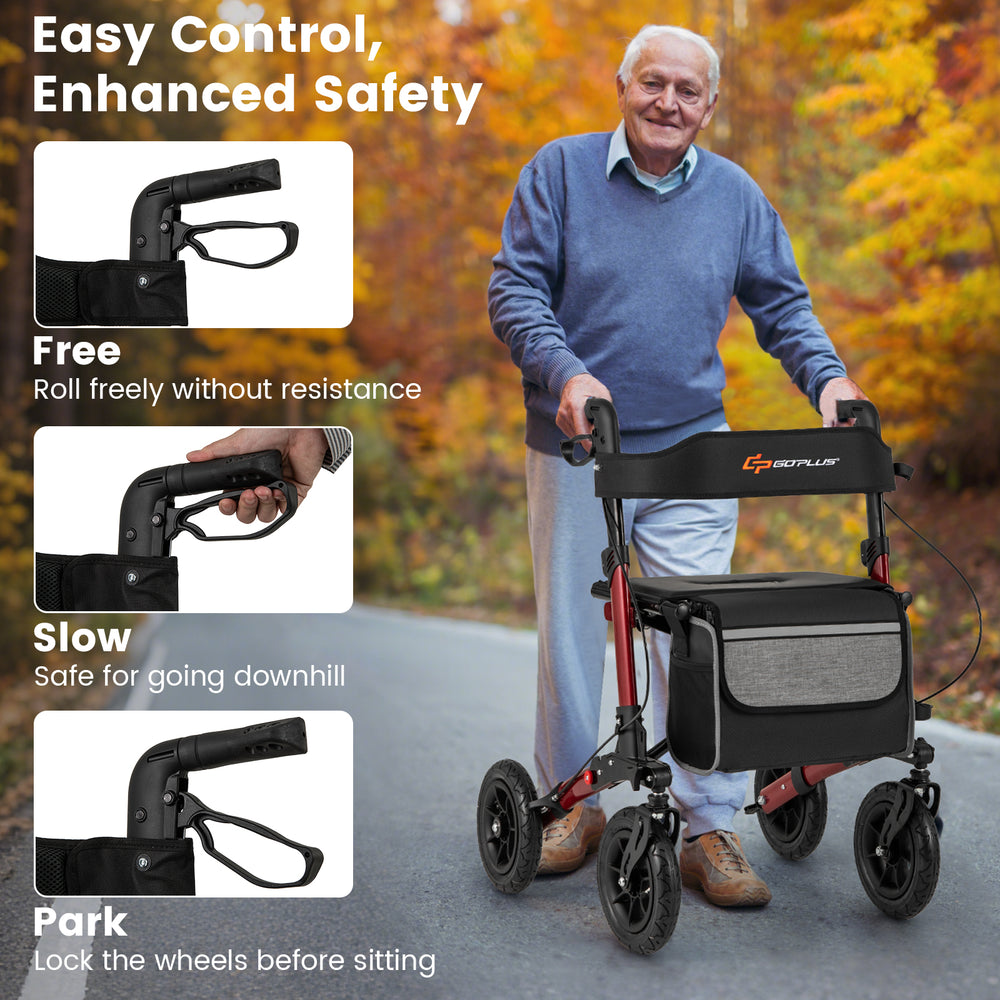 Folding rollator walker for seniors in red, highlighting enhanced braking system and convenient cane holder for safety.