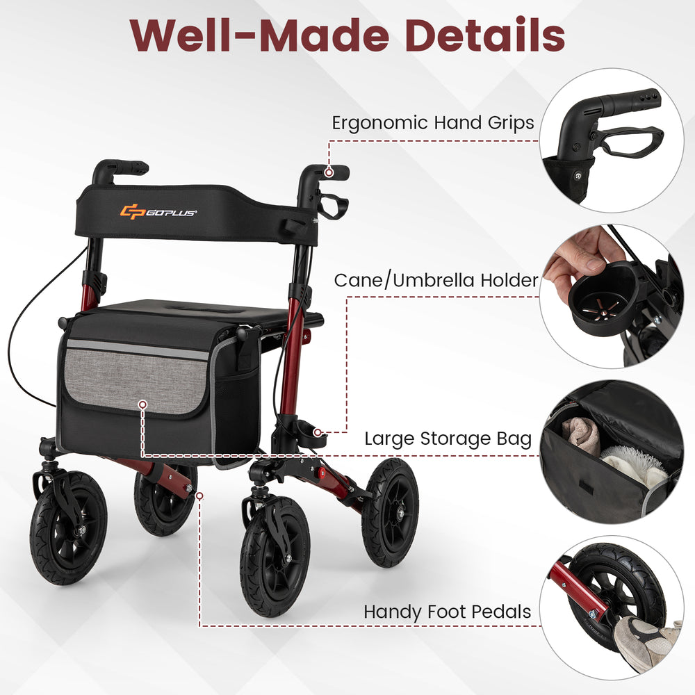 Folding rollator walker for seniors in red, featuring ergonomic hand grips, large storage bag, and handy foot pedals.