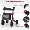 Folding rollator walker for seniors in red, featuring ergonomic hand grips, large storage bag, and handy foot pedals.