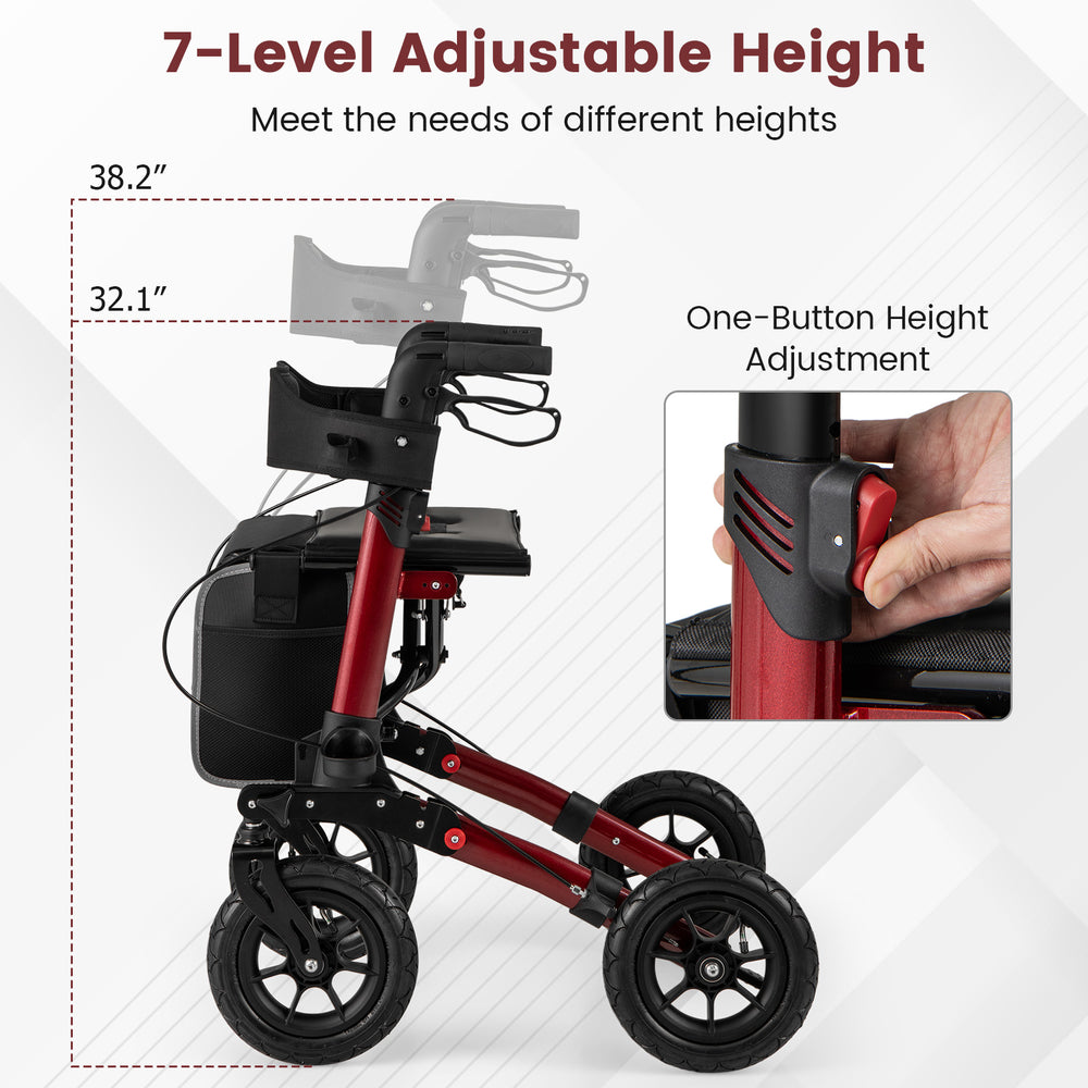 Folding rollator walker in red with 7 adjustable height settings, ergonomic grips, and large anti-vibration tires.