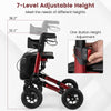 Folding rollator walker in red with 7 adjustable height settings, ergonomic grips, and large anti-vibration tires.