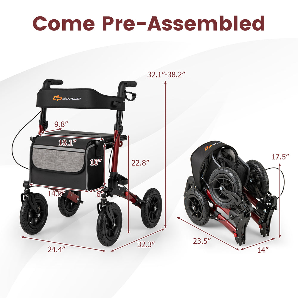 Folding rollator walker for seniors in red, showcasing height settings, storage bag, and foldable design for easy.