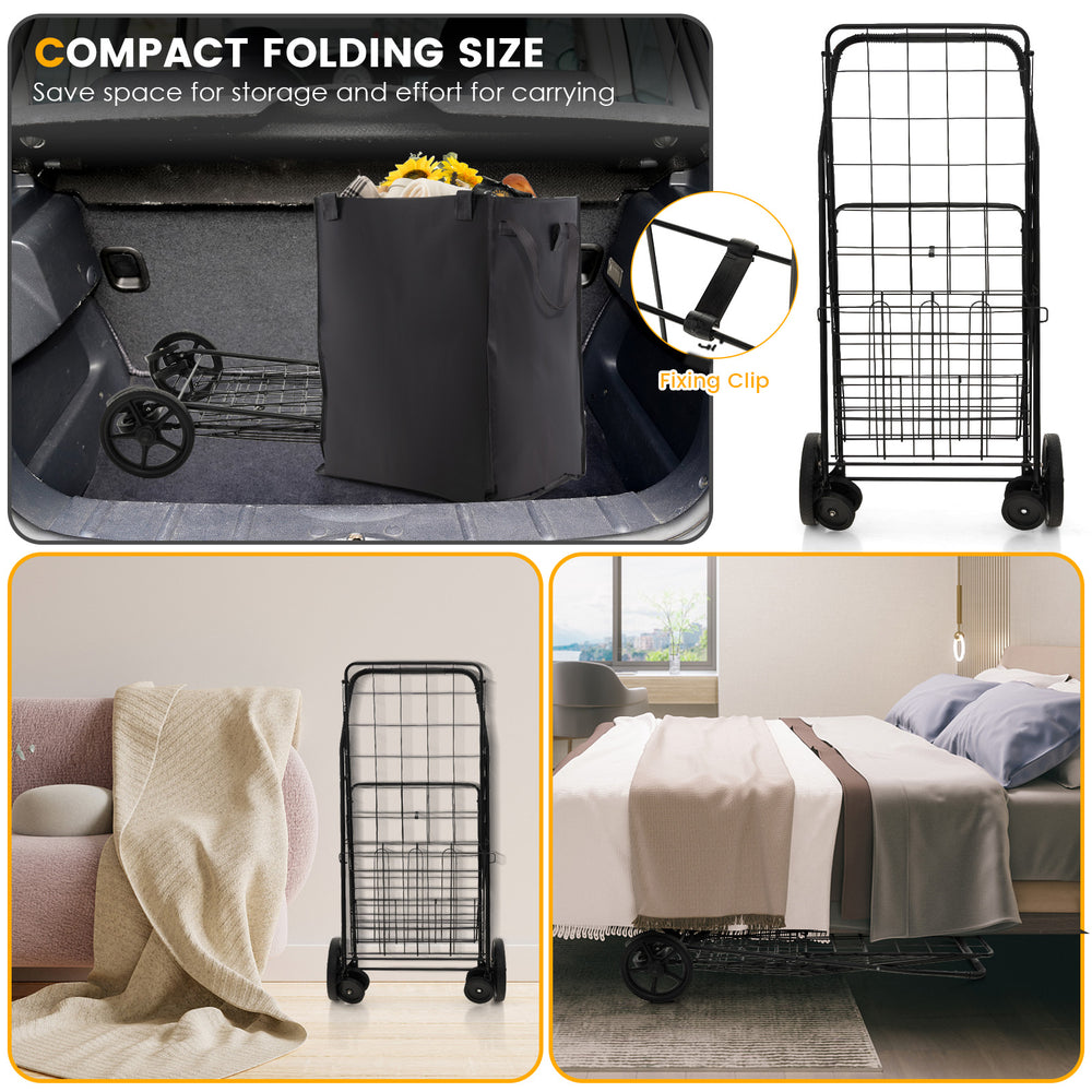 Folding rolling shopping cart with waterproof liner, featuring a heavy-duty frame and ergonomic handle for easy.
