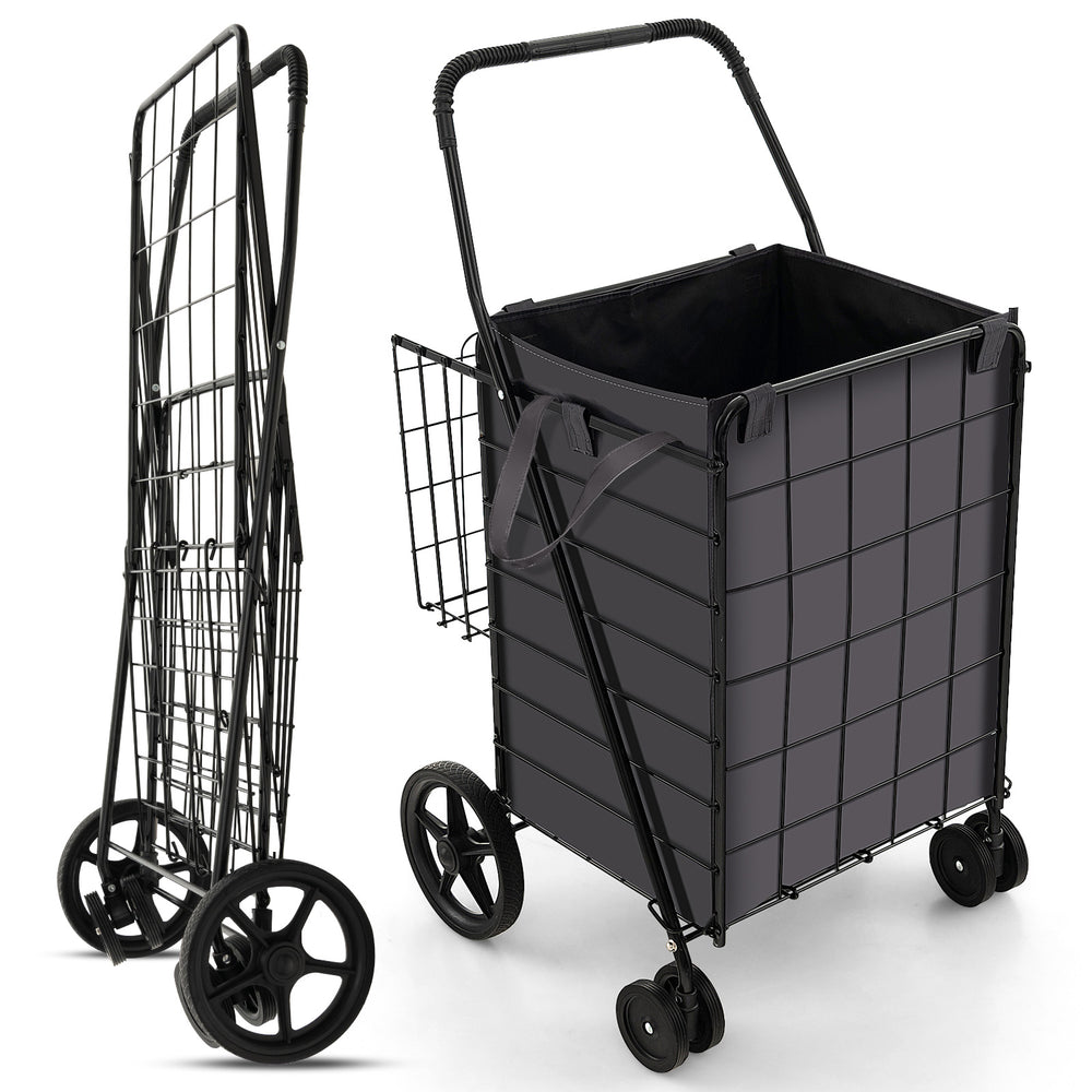 Folding rolling shopping cart in black with waterproof liner, featuring a jumbo basket and ergonomic handle for easy.