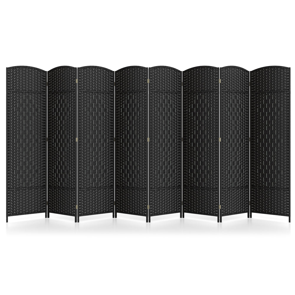 8-panel folding room divider in black with hand-woven texture and solid wood frame, ideal for living room or office use.
