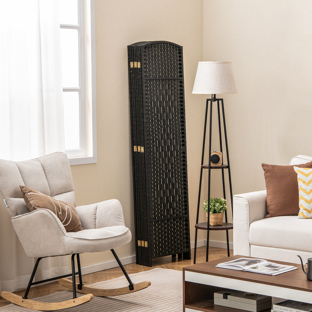 8-panel folding room divider in black with hand-woven texture, perfect for separating spaces in living rooms or offices.