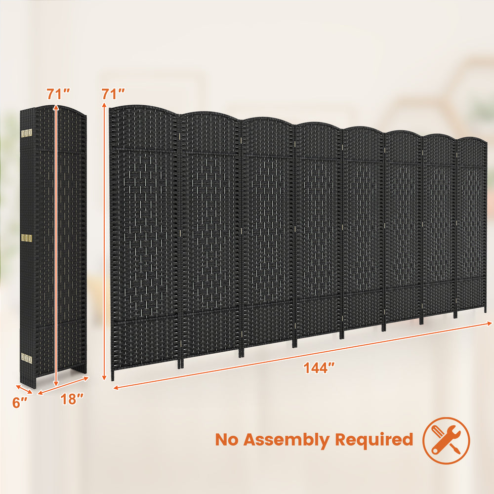 8-panel folding room divider with hand-woven texture, solid wood frame, and 180° swivel hinge for versatile space.