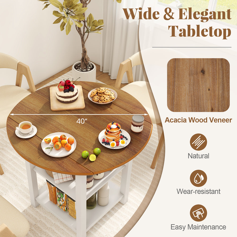 Round dining table with acacia wood veneer, featuring a drop leaf design and two storage shelves for small spaces.