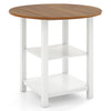 Round folding dining table with acacia wood veneer top and two white storage shelves, ideal for small spaces.