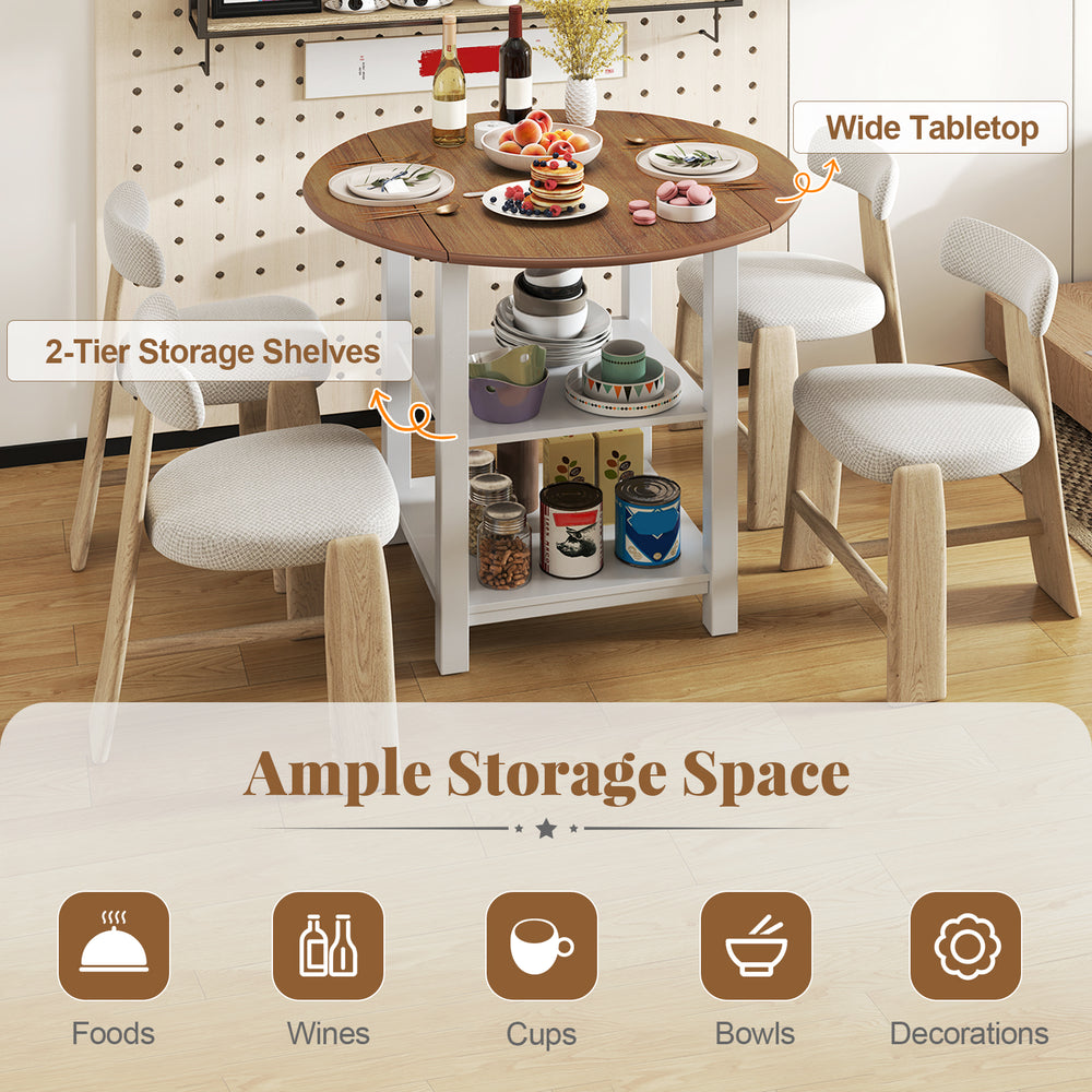 Folding round dining table with acacia wood veneer, featuring 2-tier storage shelves for small spaces and versatile use.