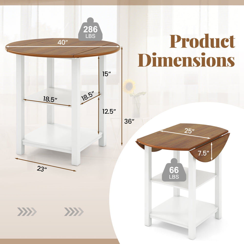 Folding round dining table with drop leaf design, acacia wood veneer, and two shelves for small spaces.