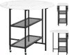 Folding round dining table with lockable wheels, faux marble top, and two mesh shelves for compact spaces.