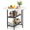 Folding round dining table with lockable wheels, faux marble top, and two metal mesh shelves for organized storage.