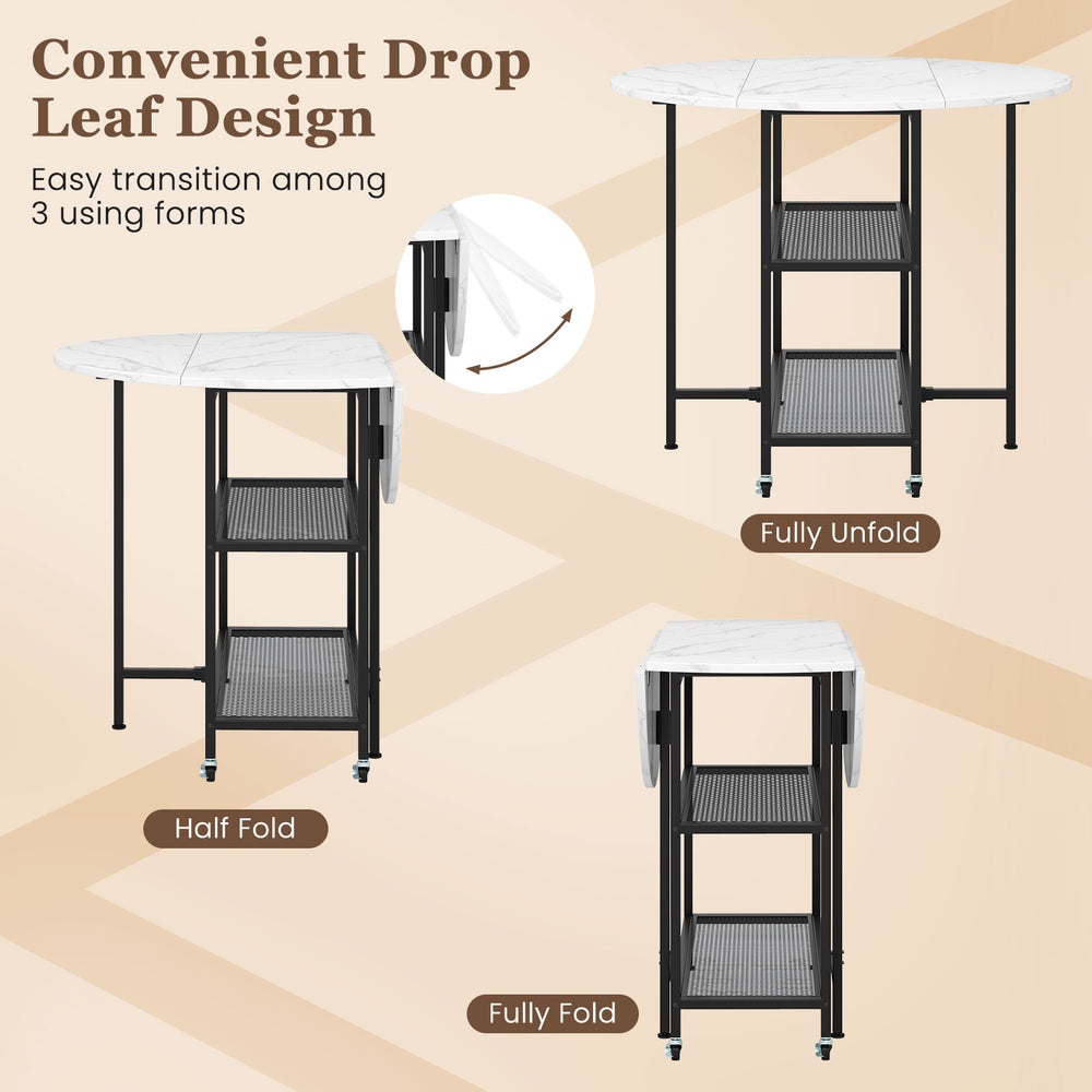 Folding round dining table with drop leaf design, white faux marble top, and lockable wheels for compact spaces.