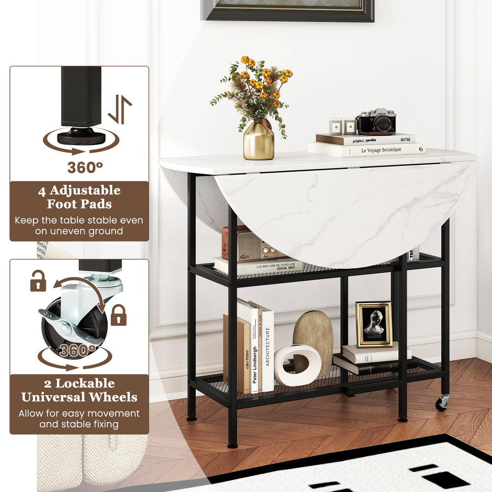 Folding round dining table with lockable wheels, white faux marble top, and two shelves for compact spaces.