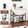 Folding round dining table with lockable wheels, white faux marble top, and two shelves for compact spaces.