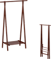 Folding rubber wood clothes hanging rack in walnut with bottom storage shelf, ideal for bedroom or hallway organization.