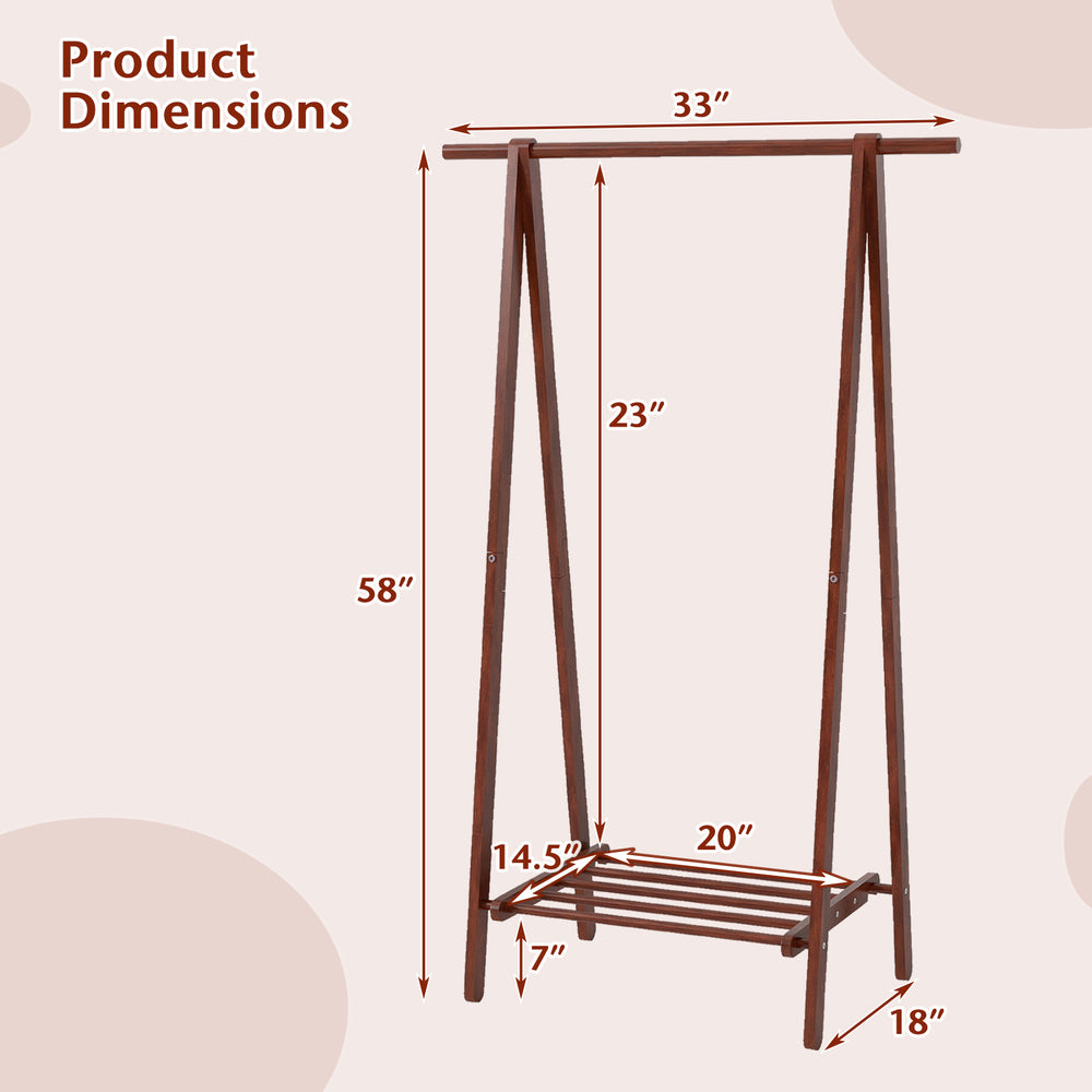 Folding rubber wood clothes hanging rack in walnut with bottom storage shelf, ideal for bedroom or hallway use.