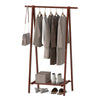 Folding rubber wood clothes hanging rack in walnut with sturdy A-frame design, featuring a bottom shelf for extra.