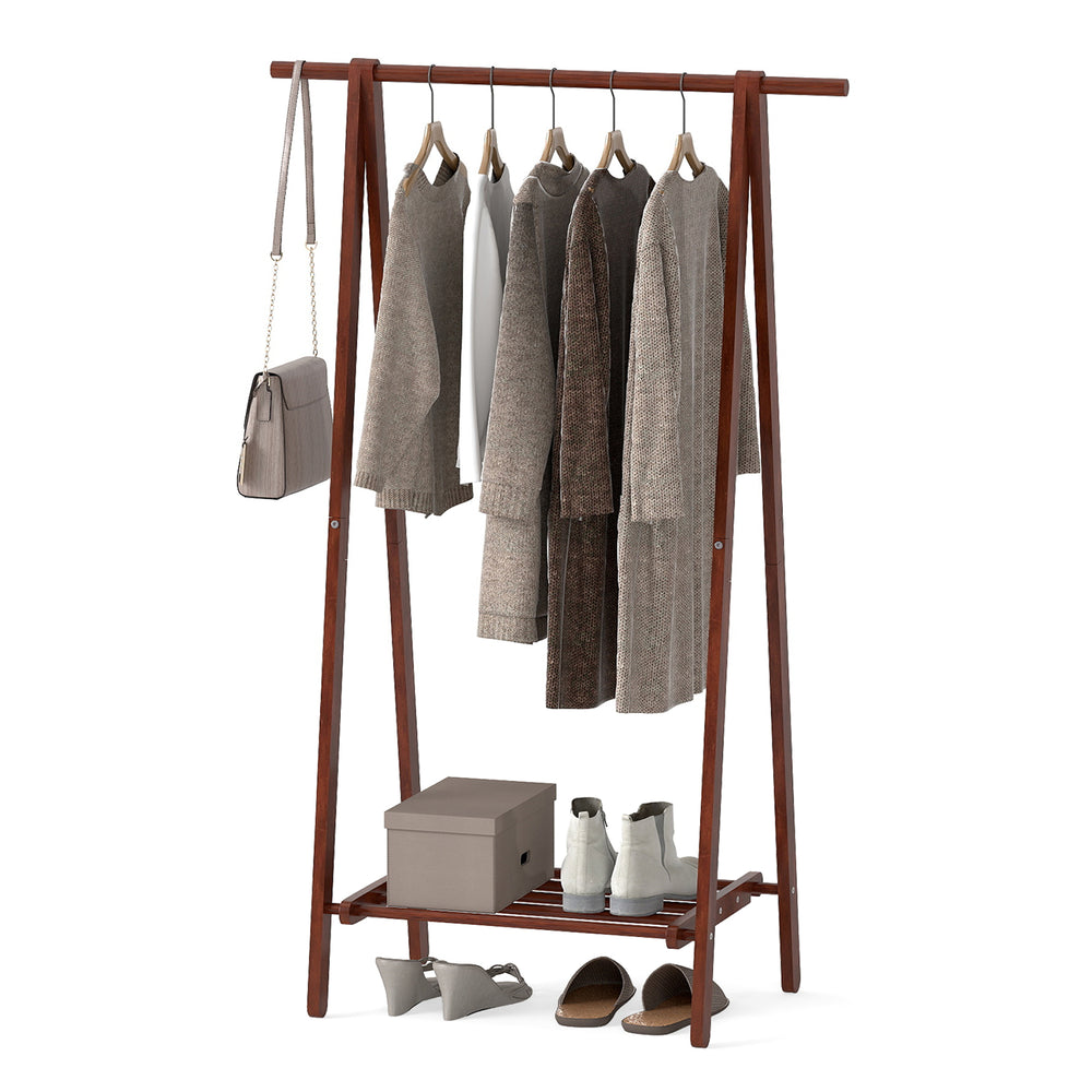 Folding rubber wood clothes hanging rack in walnut with sturdy A-frame design, featuring a bottom shelf for extra.