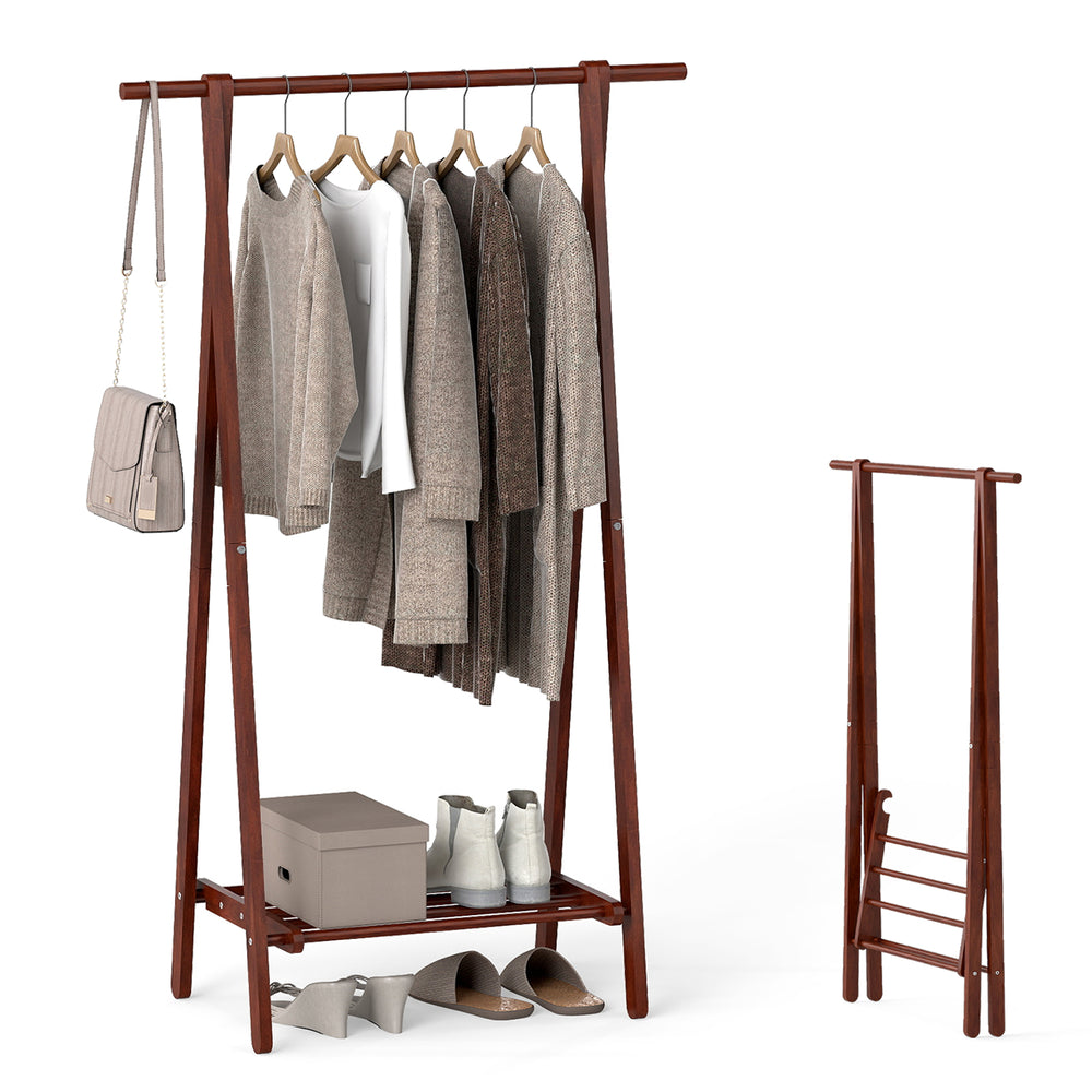 Folding rubber wood clothes hanging rack in walnut with A-frame design and bottom shelf for shoes, perfect for any.