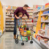 Folding shopping cart in black with dual storage baskets, ideal for groceries and laundry, shown in a store aisle.