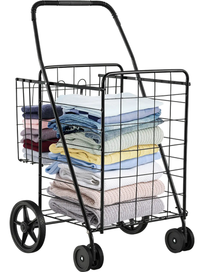 Costway Folding Shopping Cart Dual Storage Baskets Swiveling Wheels 59730421 New