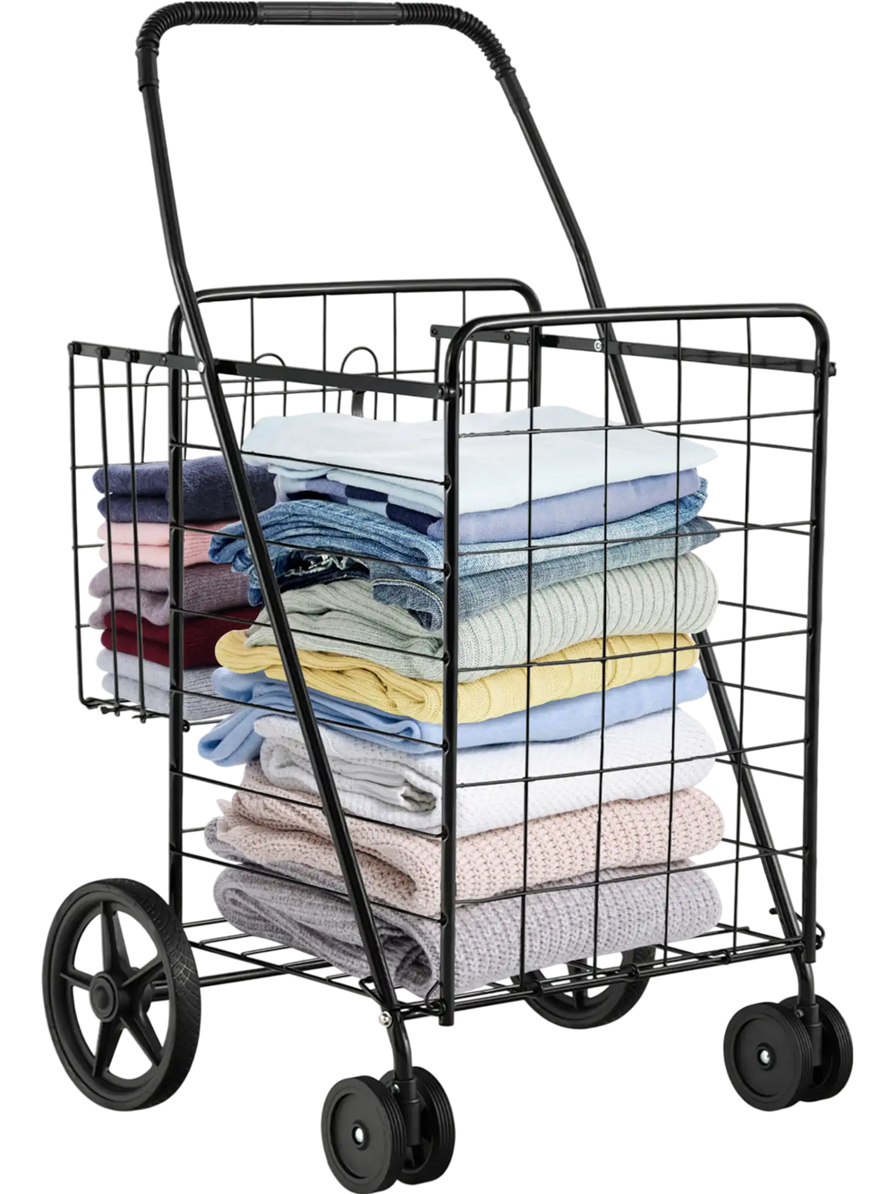 Folding black shopping cart with dual storage baskets, ideal for laundry and groceries, featuring swiveling wheels for.