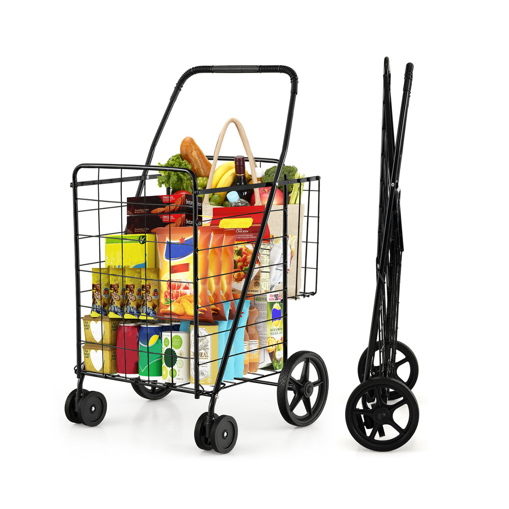Folding shopping cart in black with dual storage baskets, loaded with groceries, featuring swiveling wheels for easy.