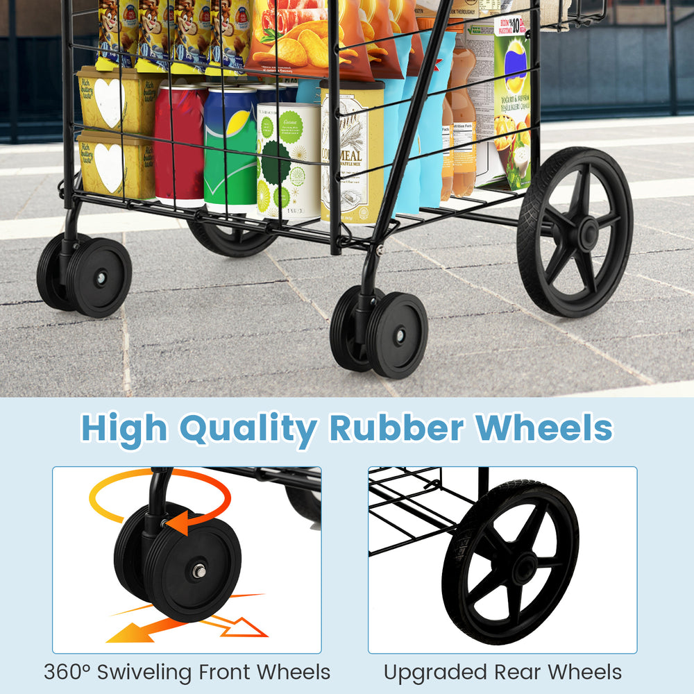 Folding shopping cart with dual storage baskets and 360° swiveling front wheels for easy maneuverability.