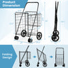 Folding shopping cart in black with dual storage baskets, swiveling wheels, and dimensions for easy transport and.