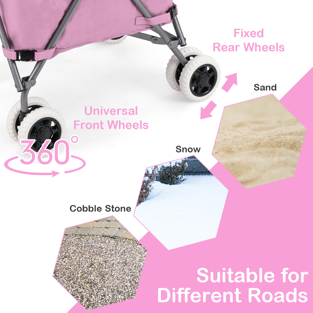 Folding shopping utility cart in pink with universal front wheels and fixed rear wheels, suitable for various terrains.