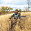 Swivel folding chair featuring a high backrest and padded cushion in camouflage, perfect for relaxed outdoor hunting.
