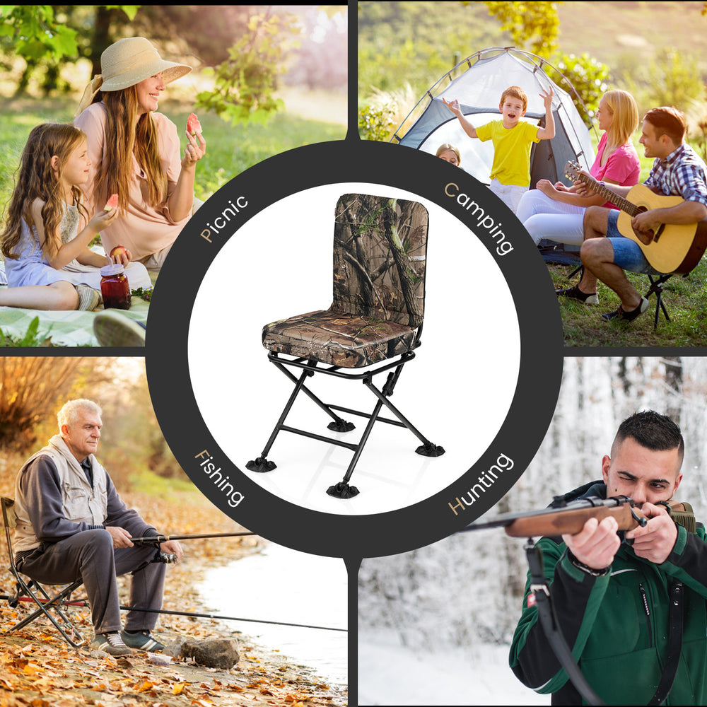 Swivel folding chair with camouflage pattern, padded cushion, and high back for comfortable outdoor activities like.