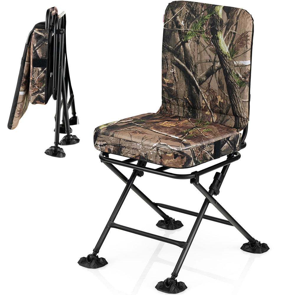 Swivel folding chair with backrest and padded cushion in camouflage, ideal for hunting and outdoor activities.
