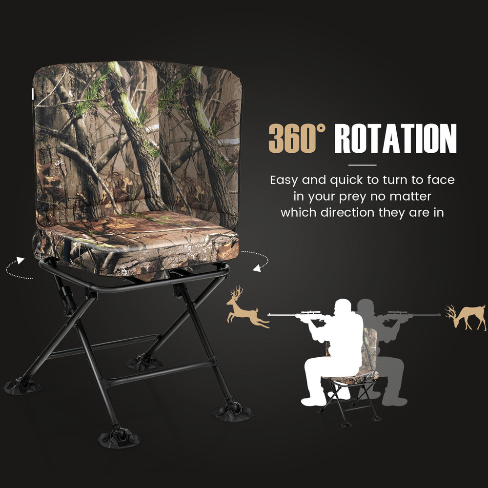 Swivel folding chair with backrest and padded cushion in camouflage, designed for comfortable hunting and outdoor.