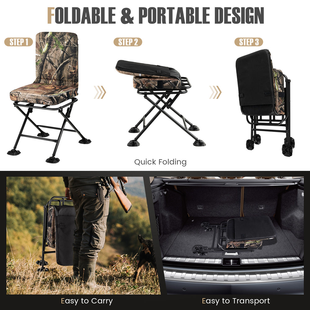 Swivel folding chair with backrest and padded cushion in camouflage, designed for easy transport and outdoor activities.
