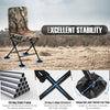 Swivel folding chair with backrest and padded cushion in camouflage, designed for stability and comfort during outdoor.