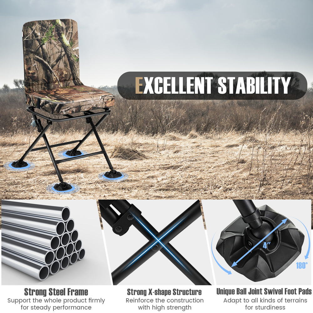 Swivel folding chair with backrest and padded cushion in camouflage, designed for stability and comfort during outdoor.