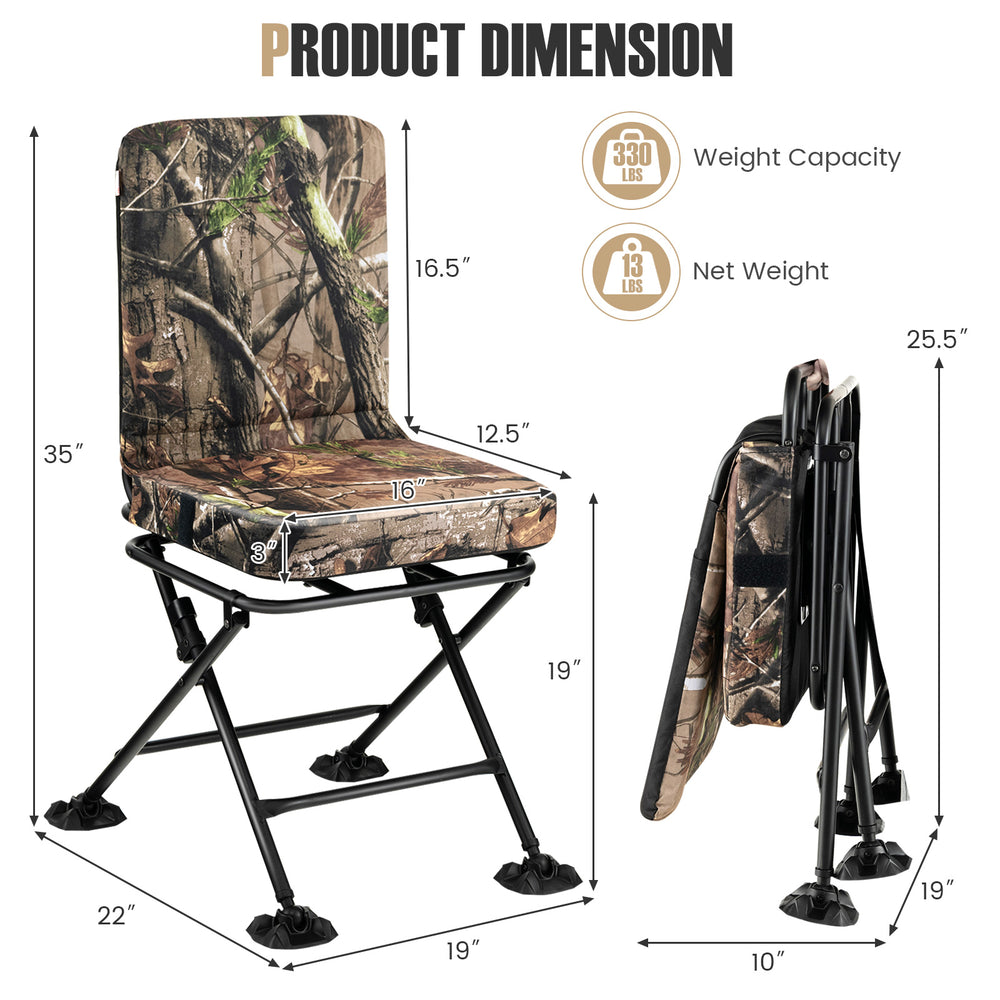 Swivel folding chair with backrest and padded cushion in camouflage, designed for comfort and stability during outdoor.