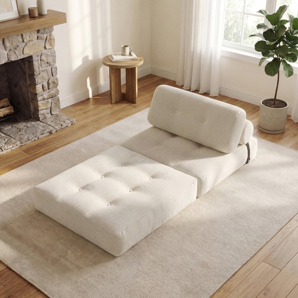 Folding sofa bed in beige with back support, featuring a soft corduroy cover and elegant button design for versatile.