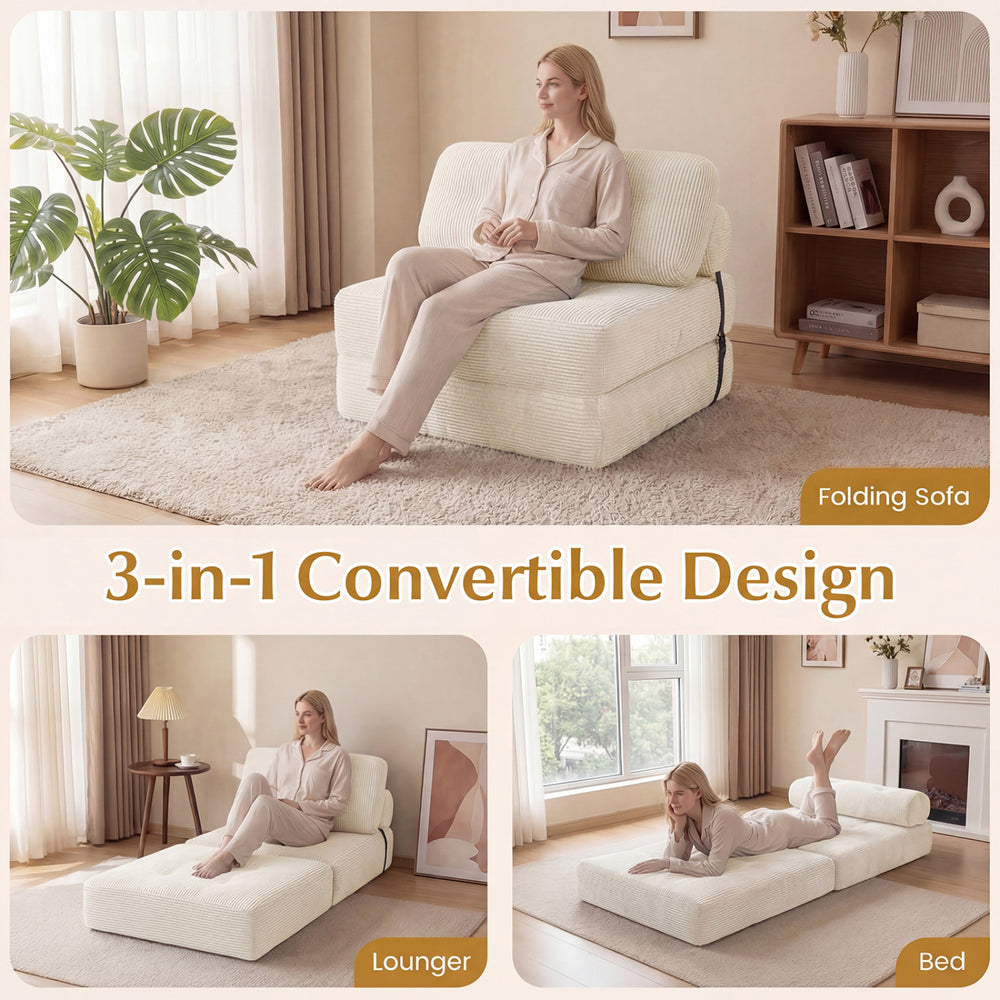 Folding sofa bed in beige with pillow and back support, showcasing 3-in-1 convertible design for versatile living.