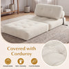Folding sofa bed in beige with corduroy cover, featuring back support and pillow for versatile comfort in living rooms.