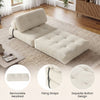 Folding sofa bed in beige with removable headrest, featuring a soft corduroy surface for versatile living room use.
