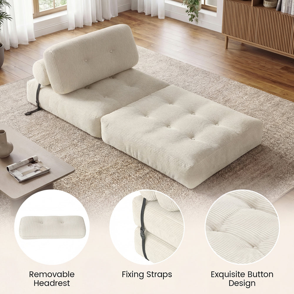 Folding sofa bed in beige with removable headrest, featuring a soft corduroy surface for versatile living room use.